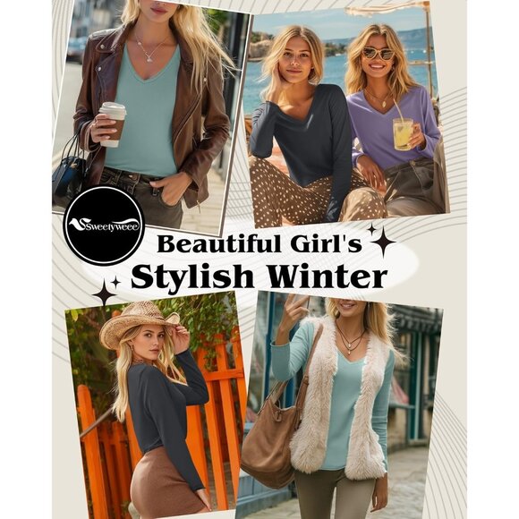 3 Pack Women's Long Sleeve Shirts Cotton V Neck Casual Tops Roll Hem Lightweight - Picture 3 of 5